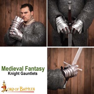 Medieval fantasy Knight Gauntlets with Suede Leather Gloves 16 gauge