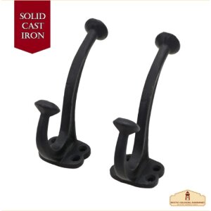 Rustic Cast Iron Wall Hooks, Heavy Duty Retro Utility Hooks for Hanging Coat, Bag, Towel, Robe, Hat and More, Pack of 2, Black