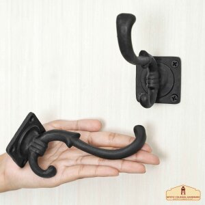 Rustic Cast Iron Wall Hooks, Heavy Duty Retro Utility Hooks for Hanging Coat, Bag, Towel, Robe, Hat and More, Pack of 2, Black