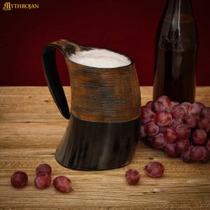 Tumbler Viking Drinking Cup With Handle & Medieval Buckle Renaissance With Leather Strap, 600 ml, Burnt