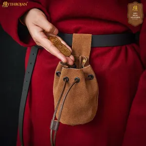 Medieval Drawstring Belt Bag,  Suede Leather, Gold...