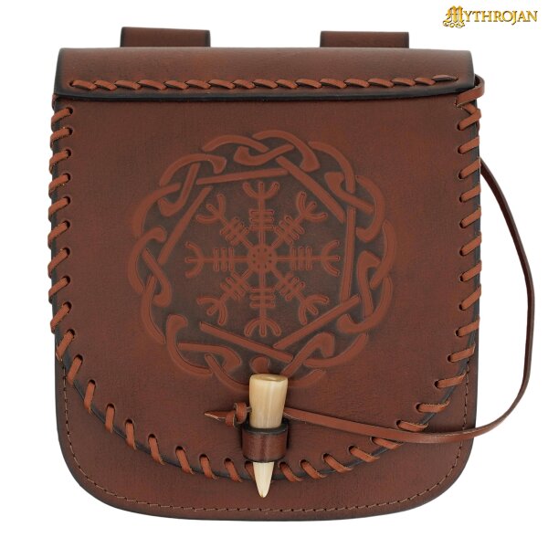 "Warrior Of The North" Belt Bag With Helm Of Awe Embossing,  Full Grain Leather, Brown, 7.7"X7"