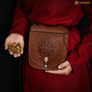 "Warrior Of The North" Belt Bag With Helm Of Awe Embossing,  Full Grain Leather, Brown, 7.7"X7"