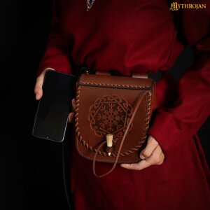 "Warrior Of The North" Belt Bag With Helm Of Awe Embossing,  Full Grain Leather, Brown, 7.7"X7"