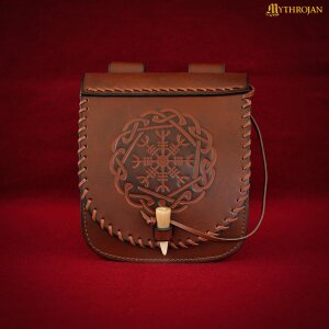 "Warrior Of The North" Belt Bag With Helm Of Awe Embossing,  Full Grain Leather, Brown, 7.7"X7"