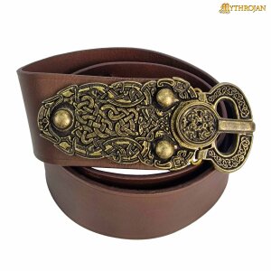 Wide Viking belt with elaborate belt buckle with decorated rivet plate