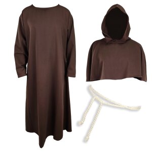 Brown monks habit set: habit, cowl, rope belt & wooden cross