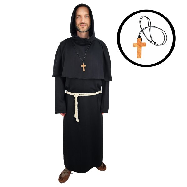Black monks habit set: habit, cowl, rope belt & wooden cross
