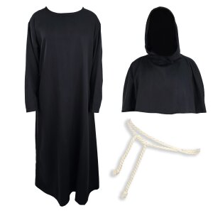 Black monks habit set: habit, cowl, rope belt & wooden cross