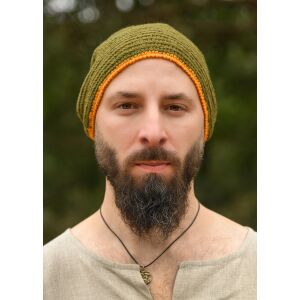 Wool hat, crocheted, green-yellow