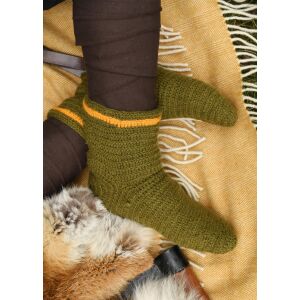 Wool socks, crocheted, green-yellow