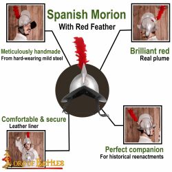 Spanish morion helmet with red plume, 20 gauge (0.9 mm)