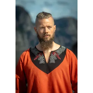 Viking tunic orange unisex hand embroidery "Freydis"