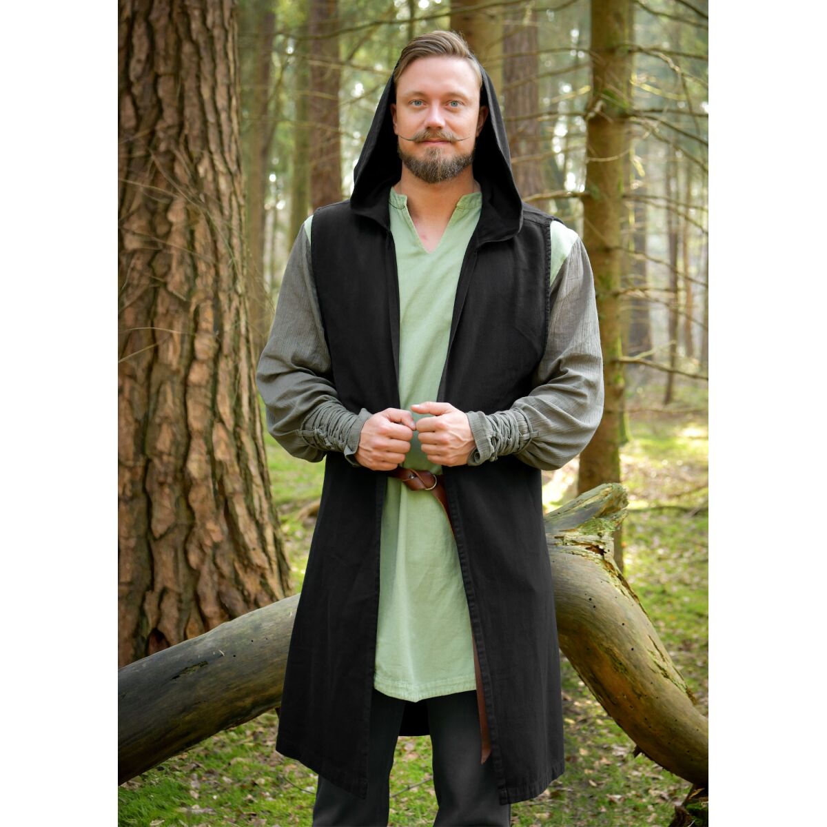 Medieval waistcoat black sleeveless hood box