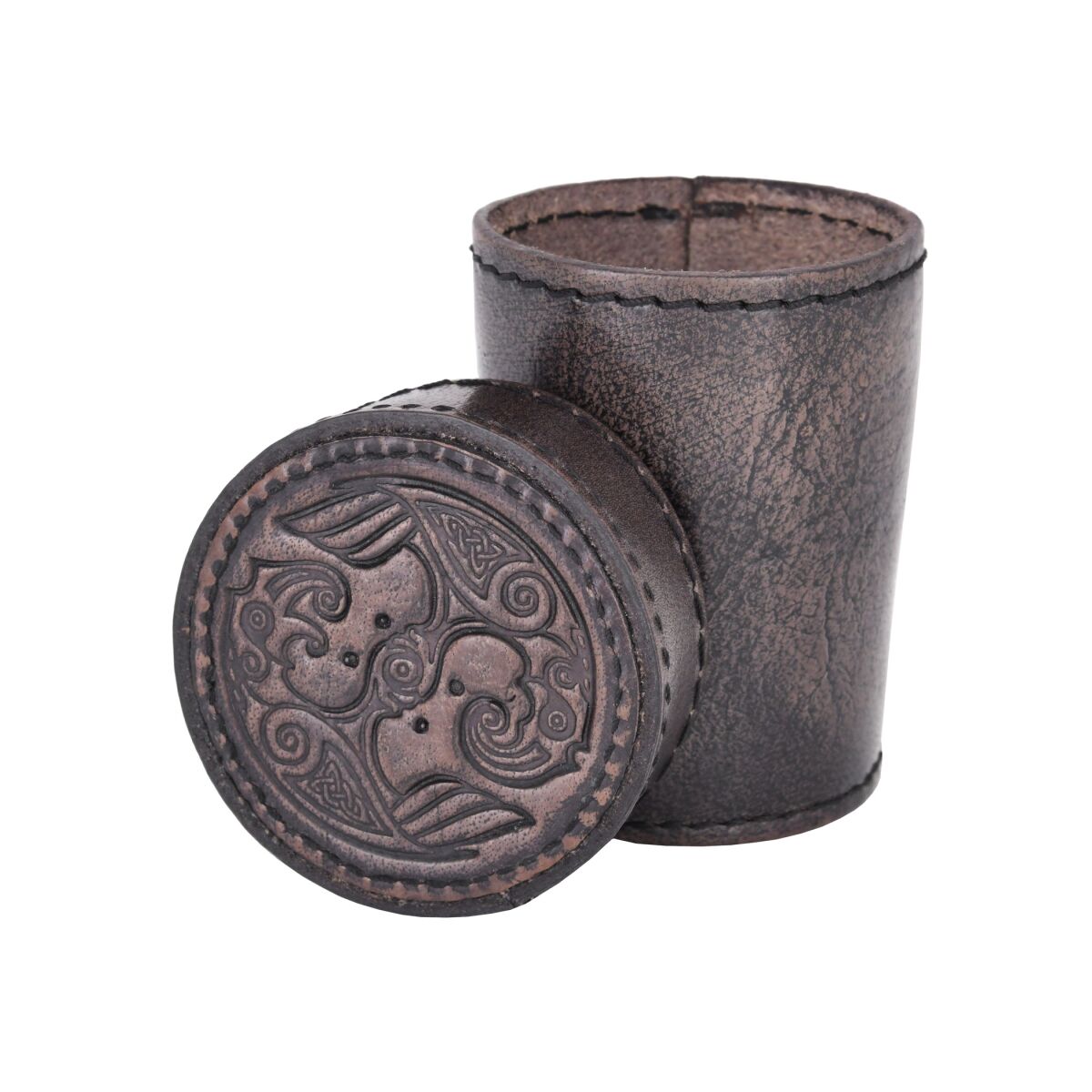 Leather cube-shaped cup with lid and rav box