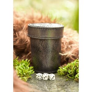 Leather cube-shaped cup with lid and raven embossing, grey