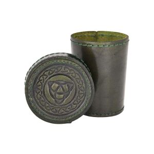 Leather cube-shaped cup with lid – embossed knot pattern, green