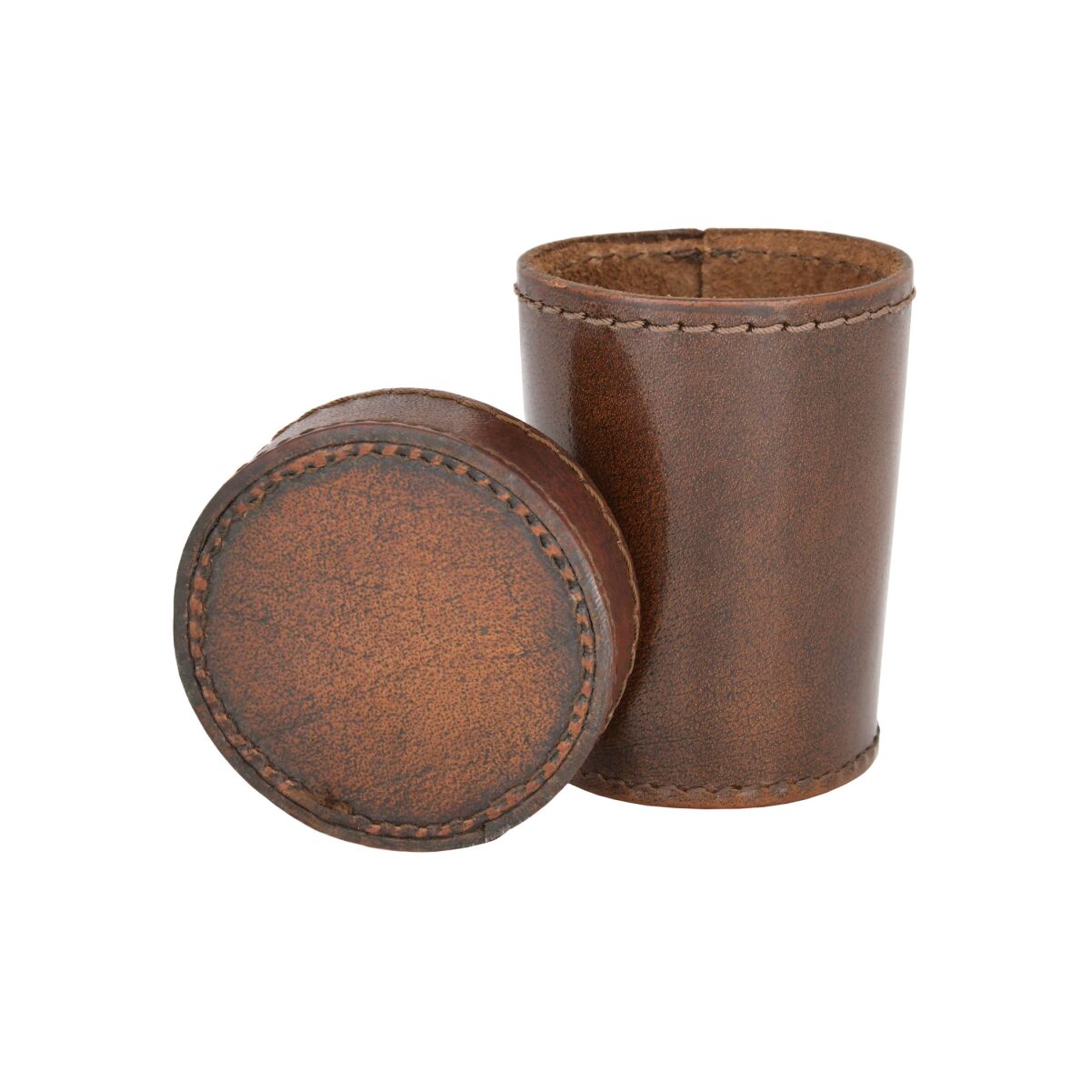 Leather dice cup with lid, brown box