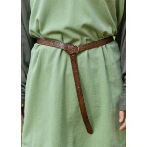 Medieval narrow leather belt with Celtic embossing, brown