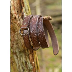 Medieval narrow leather belt with Celtic embossing, brown