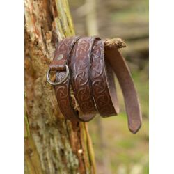Medieval narrow leather belt with Celtic embossing, brown