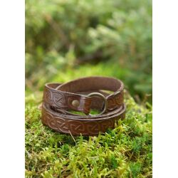 Medieval narrow leather belt with Celtic embossing, brown