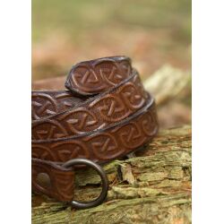 Medieval narrow leather belt with Celtic embossing, brown