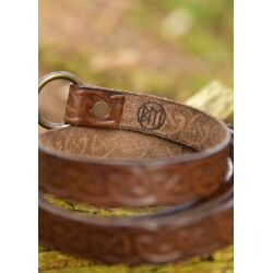 Medieval narrow leather belt with Celtic embossing, brown