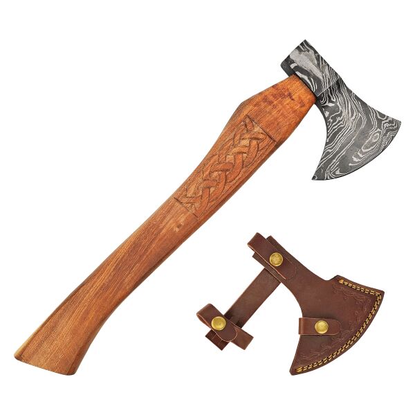 Viking axe with damask look incl. leather sheath, B-WARE