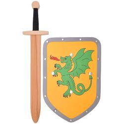 Childrens wooden sword & shield set with a dragon design
