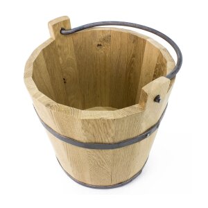 stave bucket made of oaken wood and forged rings and...