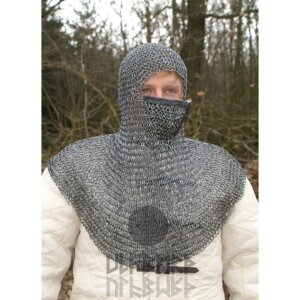 Chainmail coif with triangular mouth guard, round rings with round rivets, Ø 8mm, 1.4mm wide, steel