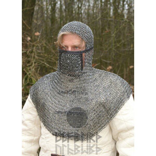 Chainmail coif with square face mask, round rings with round rivets, Ø 8mm, 1.4mm wide, steel