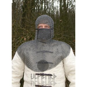 Chainmail coif with square faceplate, unriveted round rings, Ø 8mm, 1.6mm wide, spring steel
