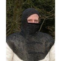 Chainmail coif with triangular mouth guard, unriveted round rings, Ø 8mm, 1.6mm wide, burnished steel