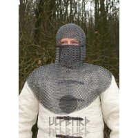chainmail coif with square faceplate, unriveted round rings, Ø 8mm, 1.6mm wide, burnished steel