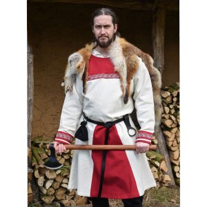 Tunique viking Halvar avec broderie en coton, naturel/rouge
